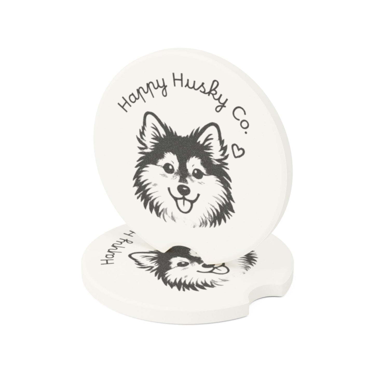 Happy Husky Co. Soapstone Car Coaster — Cute Fluffy Dog Face Car Drink Holder Insert (Single or Two-Piece Set)