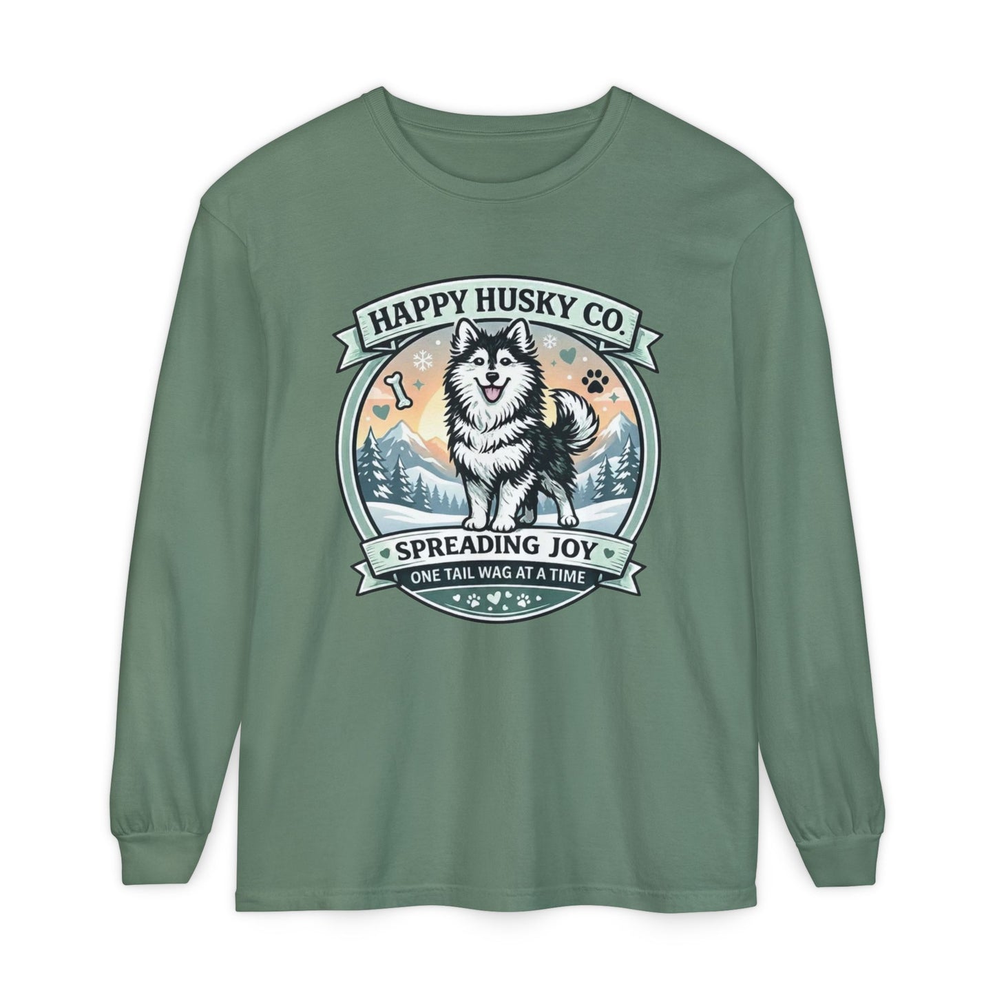 Unisex Colorful Happy Husky Co. Long Sleeve T-Shirt — 'Spreading Joy One Tail Wag At A Time' Graphic (Additional Colors)