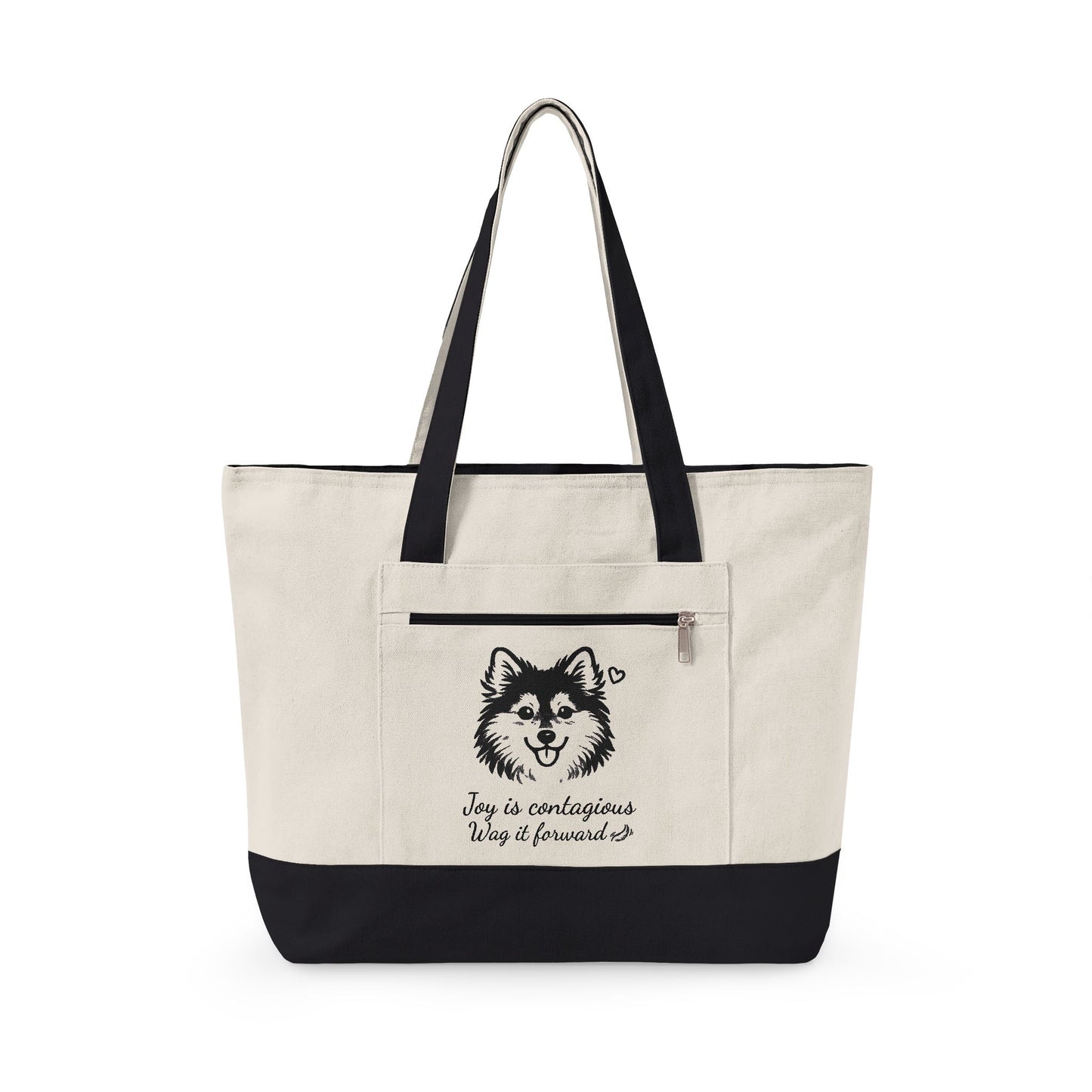 Adorable Pomsky With A Heart Canvas Tote Bag, 'Joy is contagious, Wag it forward' Zippered Beach & Market Tote (Additional Colors)