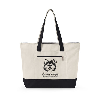 Adorable Pomsky With A Heart Canvas Tote Bag, 'Joy is contagious, Wag it forward' Zippered Beach & Market Tote (Additional Colors)