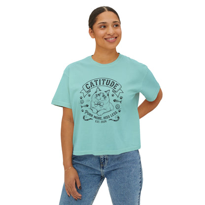 Catitude Women's Boxy Tee — 'Purr More, Hiss Less' Cute Cat Graphic Shirt (Additional Colors)