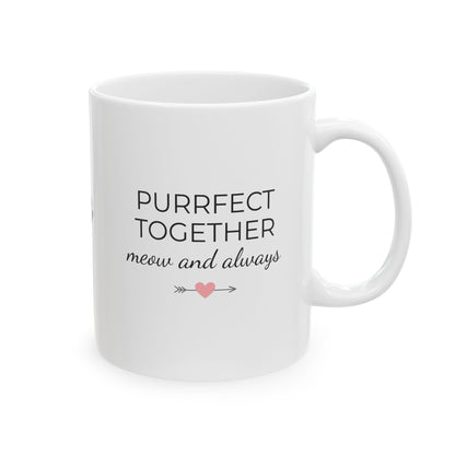 Two Cats and a Heart White Ceramic Mug — "Purrfect Together meow & always" (11oz & 15oz)