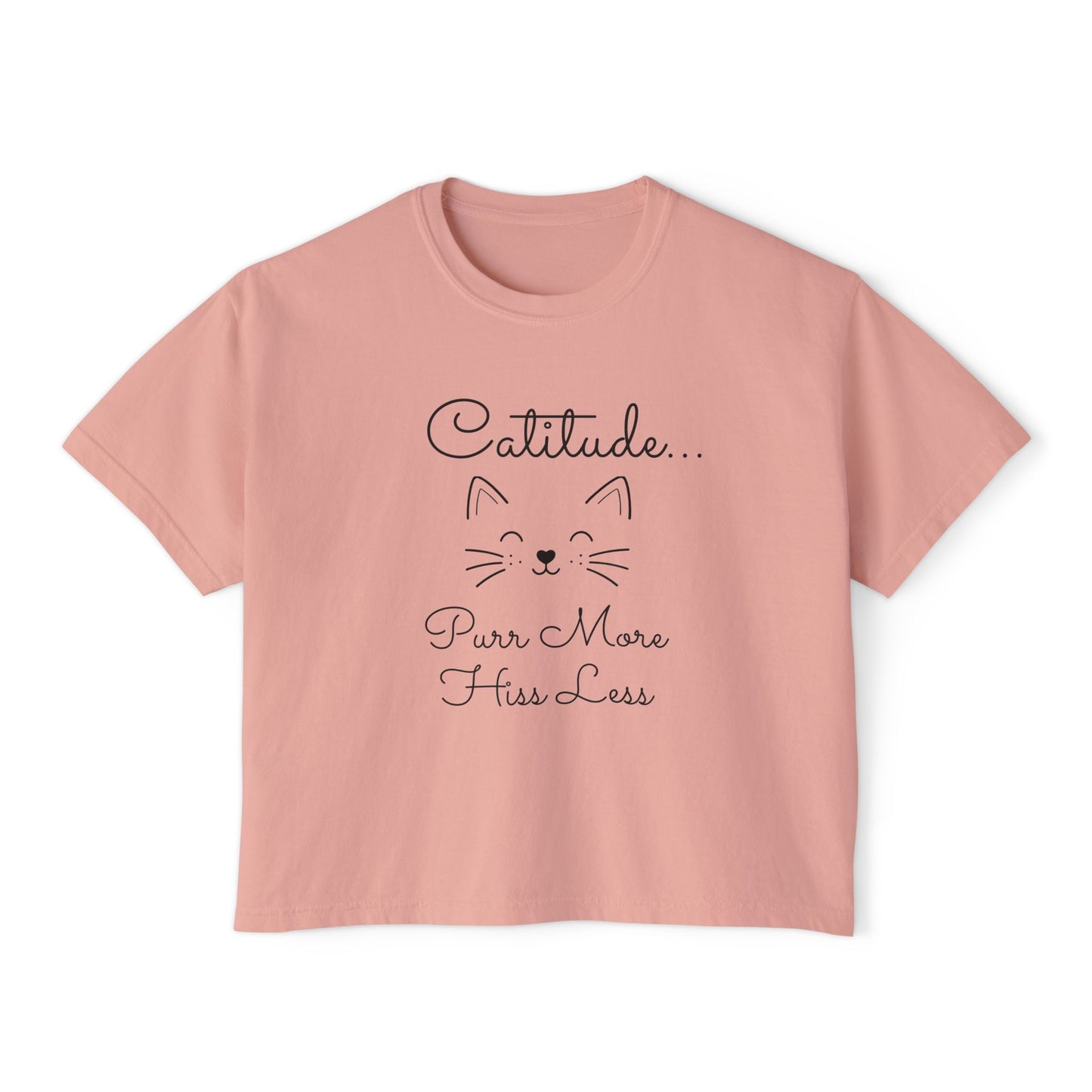 Catitude Boxy Tee — “Purr More, Hiss Less” Cute Cat Graphic T-Shirt (Additional Colors)