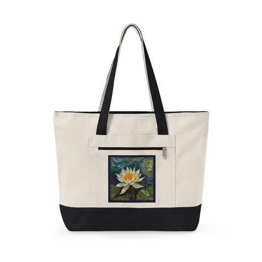 Canvas Tote Bag — Nature Water Lily Floral Canvas Zippered Beach & Market Tote