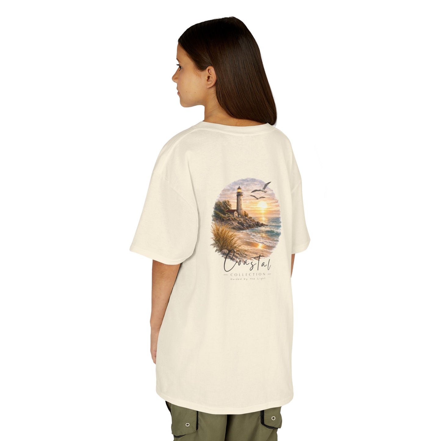 Kids Coastal Lighthouse Sunset Back Graphic Tee - 'Guided By the Light' w/ Front Wave Logo (Additional Color)