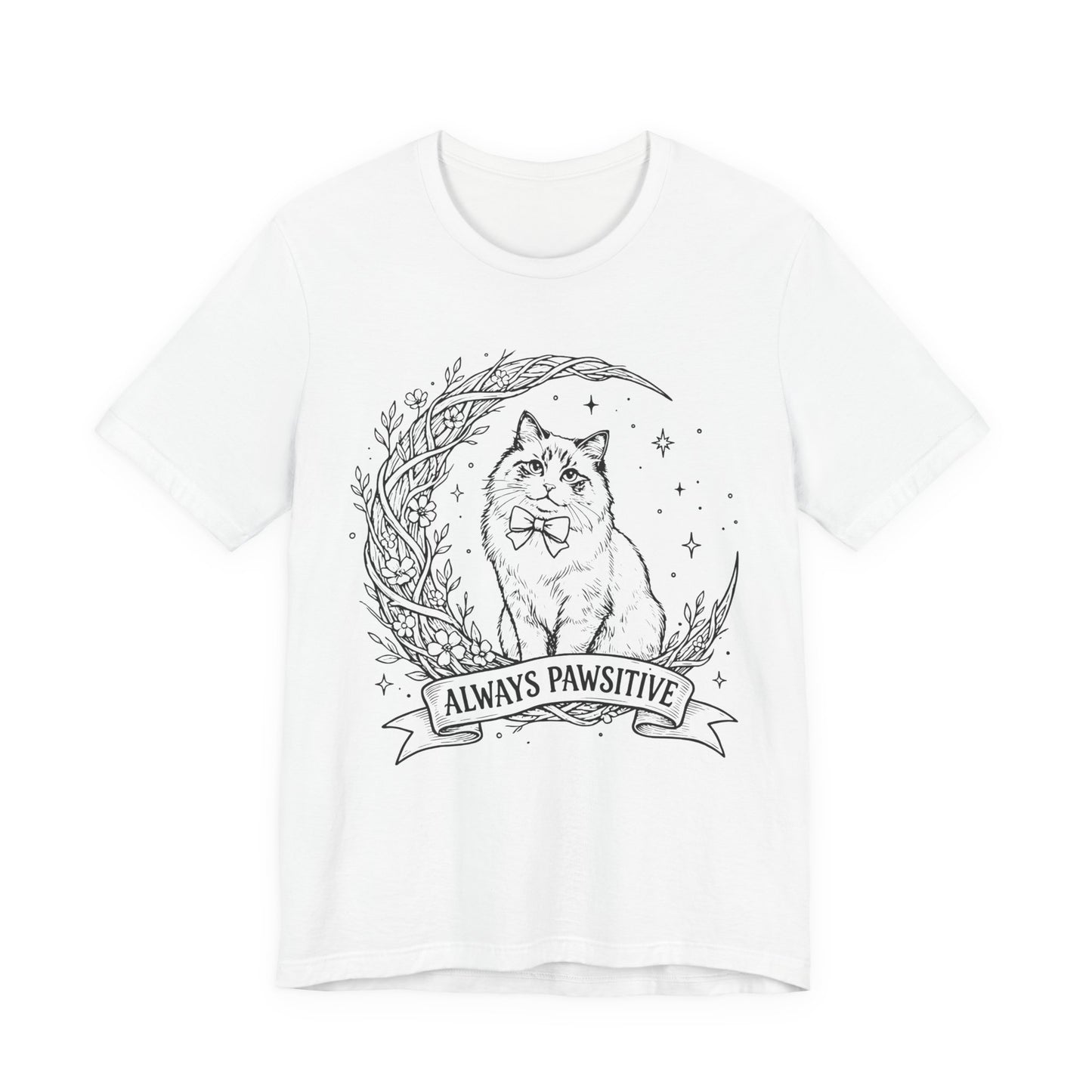 Unisex Adult Cute Cat & Moon Design T-Shirt — “Always Pawsitive” Retro Moon Cat Graphic Tee (Additional Colors)