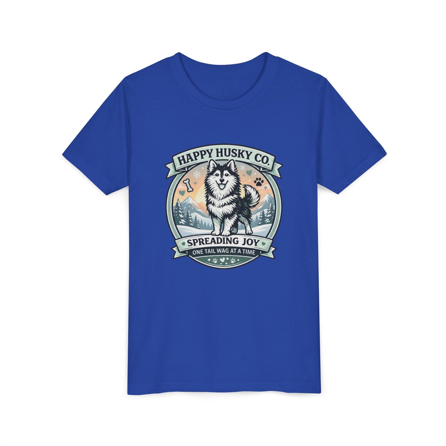 Youth Tee Happy Husky Co. 'Spreading Joy' Kids Short Sleeve Shirt - Husky Dog, Outdoor Badge Design (Additional Colors)