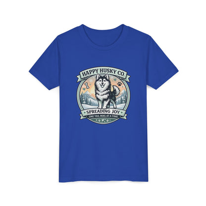 Youth Tee Happy Husky Co. 'Spreading Joy' Kids Short Sleeve Shirt - Husky Dog, Outdoor Badge Design (Additional Colors)