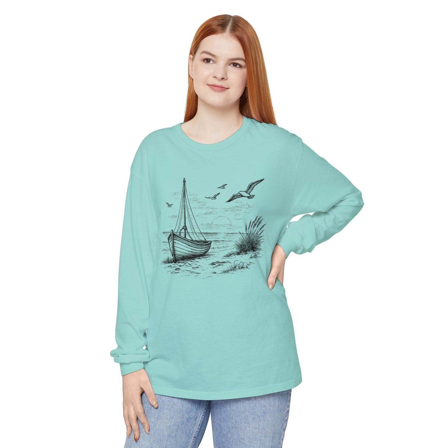 Nautical Sailboat & Beach Sketch Design Long Sleeve Tee - 'Set Your Course by the Stars Not the Storm' (Additional Colors)