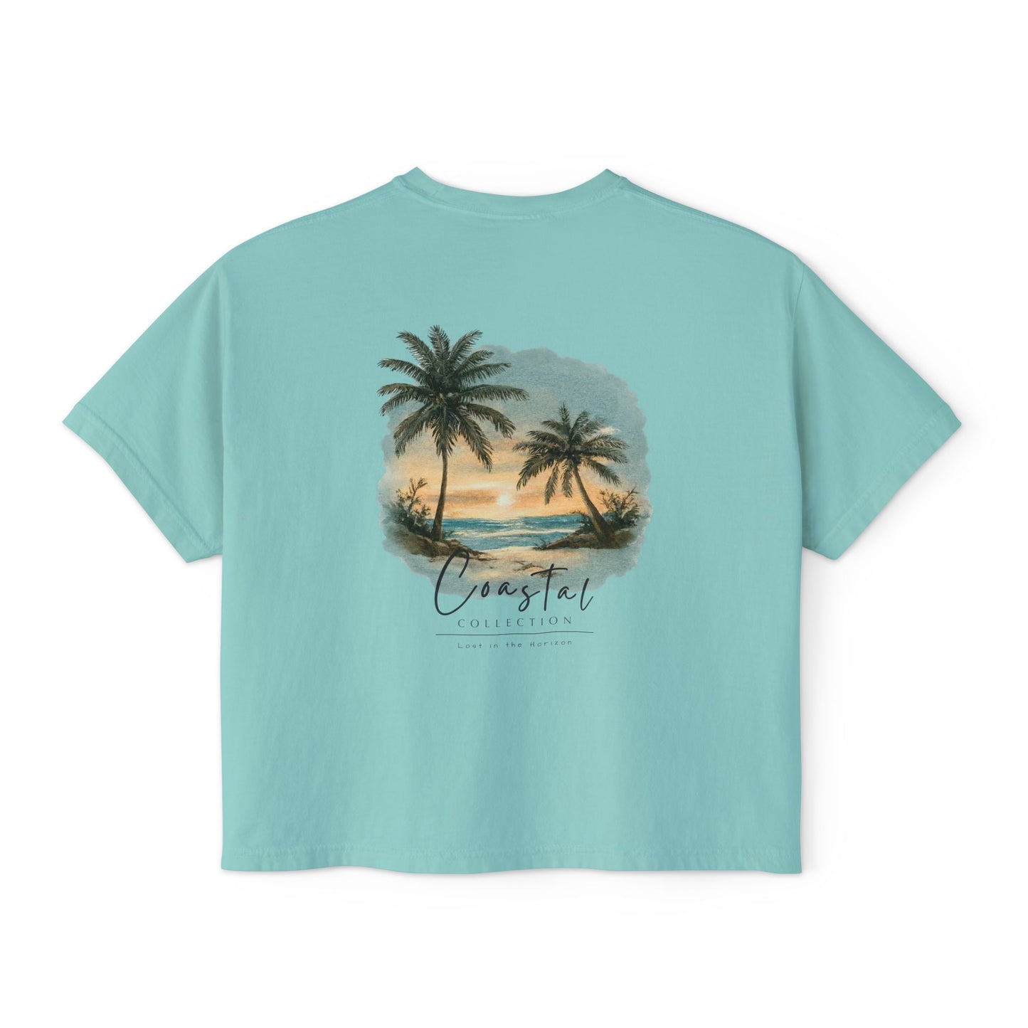 Women's Sunset Beach Scene II Back Design Boxy Tee - Tropical Palm Tree 'Lost In the Horizon' Graphic Tee (Additional Colors)