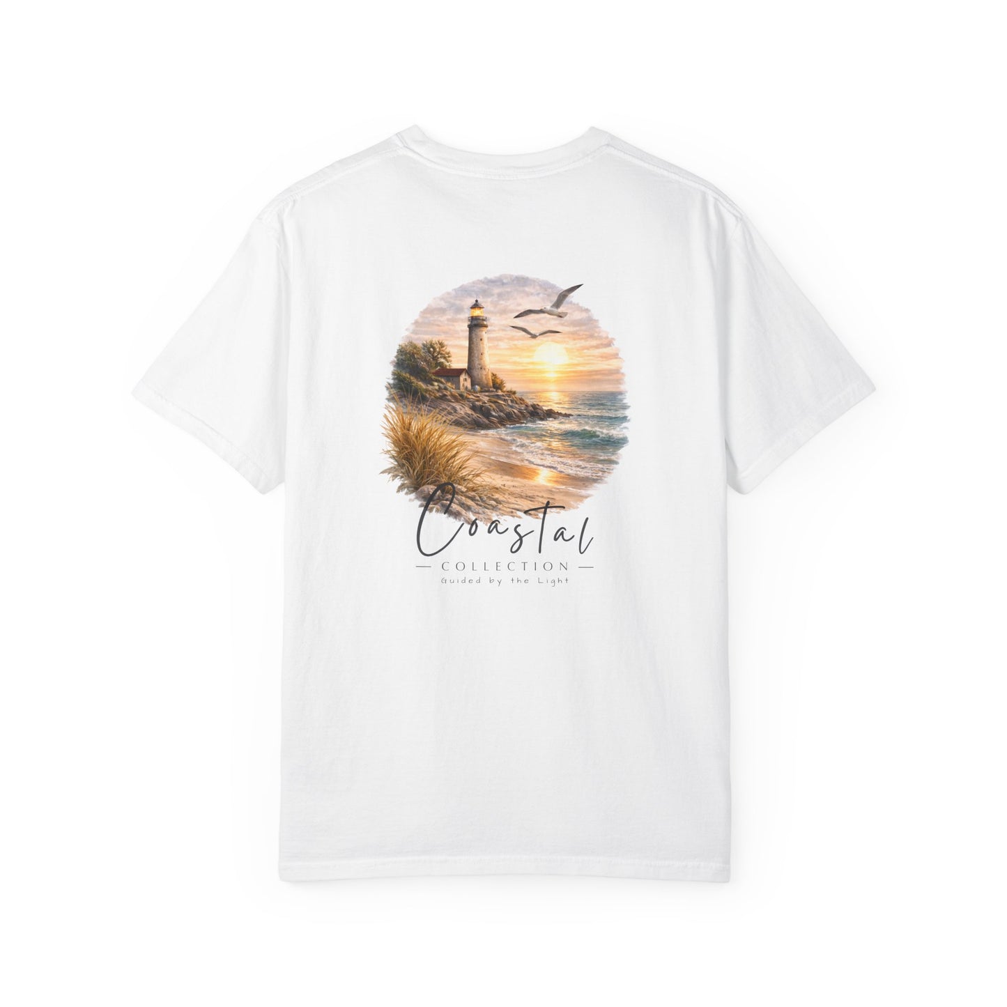 Unisex Adult Coastal Lighthouse Sunset Back Design T-Shirt — 'Guided By The Light' Graphic Tee w/ Front Logo (Additional Color)