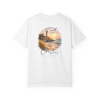 Unisex Adult Coastal Lighthouse Sunset Back Design T-Shirt — 'Guided By The Light' Graphic Tee w/ Front Logo (Additional Color)
