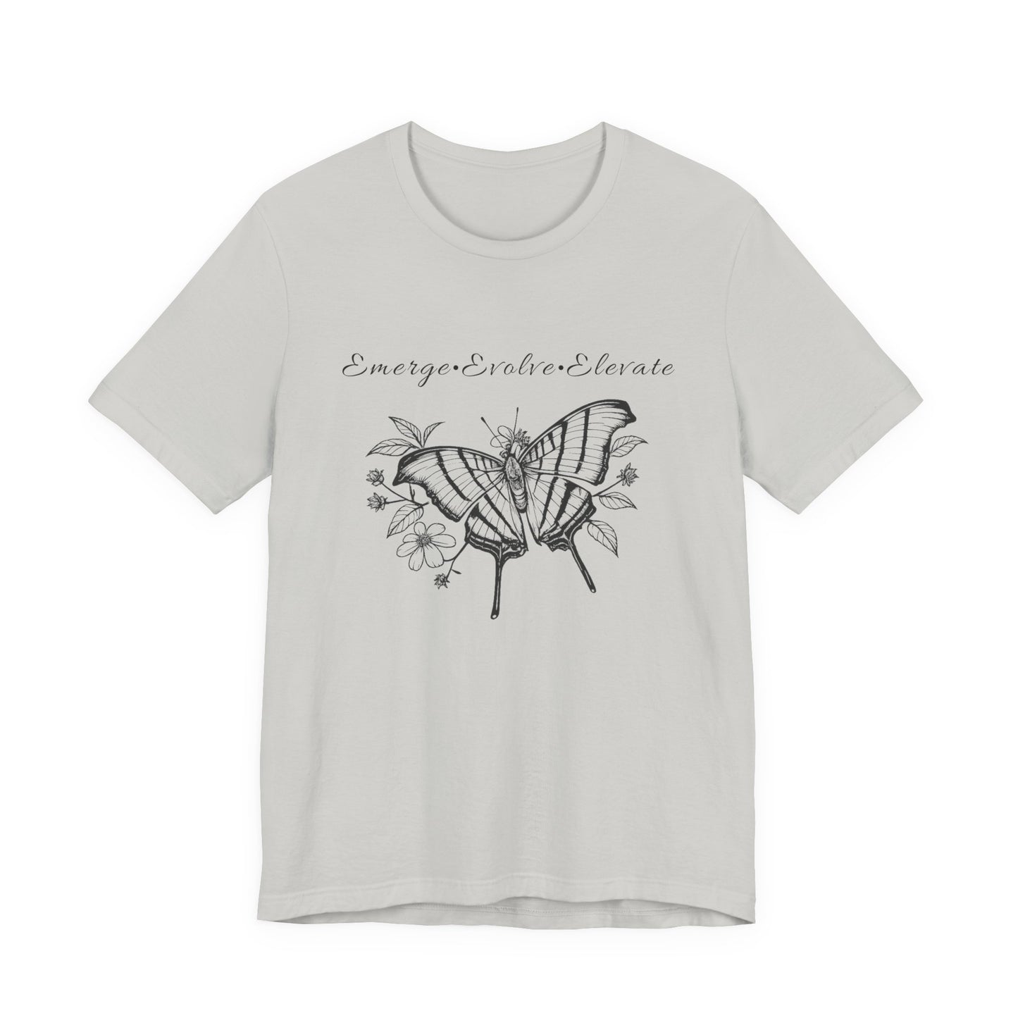 Unisex Adult Butterfly & Flowers Design Short Sleeve Tee - 'Emerge Evolve Elevate' (Additional Colors)