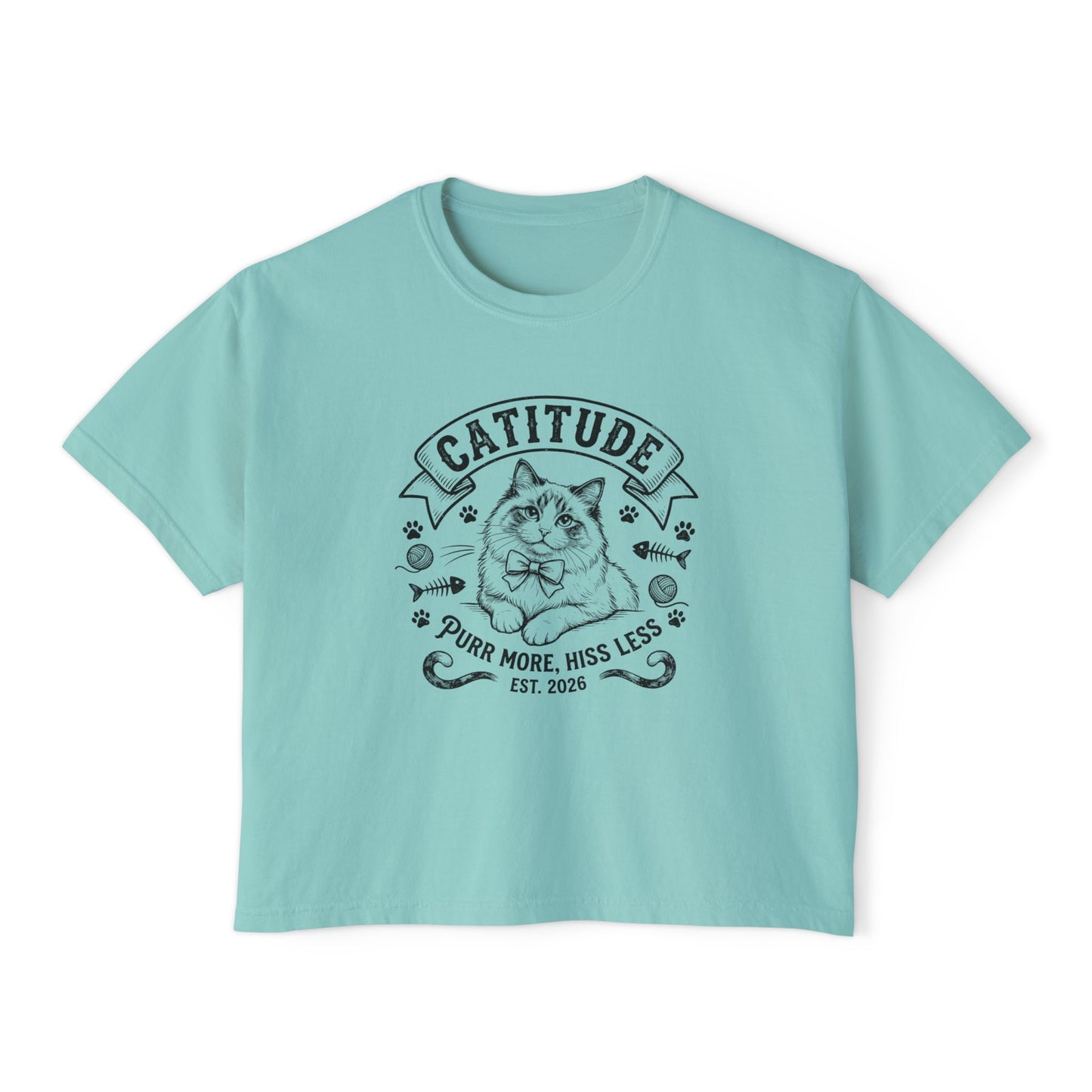 Catitude Women's Boxy Tee — 'Purr More, Hiss Less' Cute Cat Graphic Shirt (Additional Colors)
