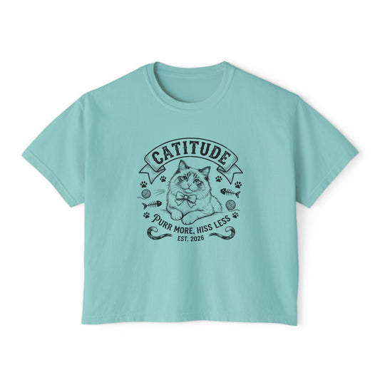 Catitude Women's Boxy Tee — 'Purr More, Hiss Less' Cute Cat Graphic Shirt (Additional Colors)