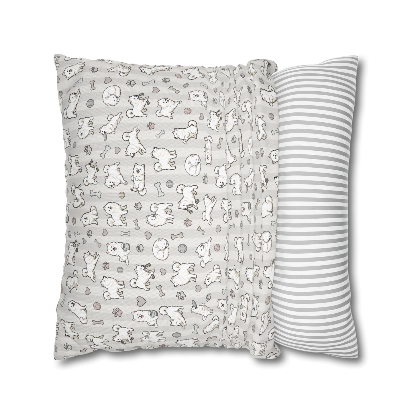 Double Sided Beige Design Samoyed Puppy With Bones, Hearts, and Paw Prints Pillowcase — Soft Striped Decorative Square Throw Pillow (Additional Sizes)