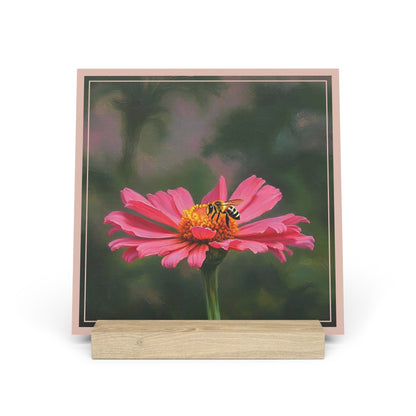 Nature Pretty Pink Flower and Bee Artist-Inspired Gallery Board with Wooden Stand — Mini Desk Art (Additional Sizes)