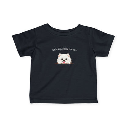 Unisex Infant Tee - Cute White Samoyed Puppy 'Smile Big, Chase Dreams' Baby Shirt (Additional Colors)