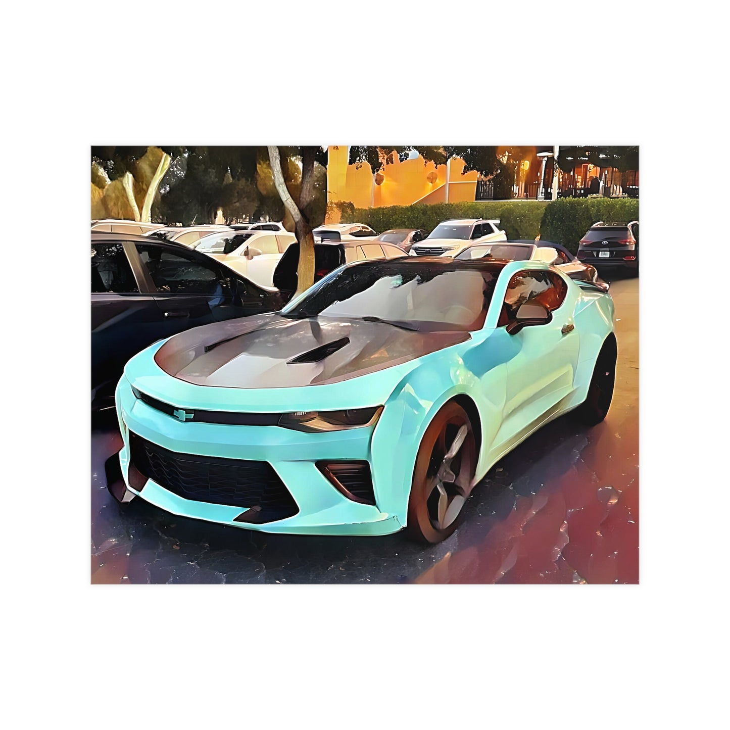 Artsy Aqua and Black Sportscar Theme Horizontal Matte Wall Art Print
