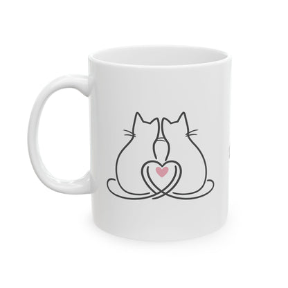 Two Cats and a Heart White Ceramic Mug — "Purrfect Together meow & always" (11oz & 15oz)