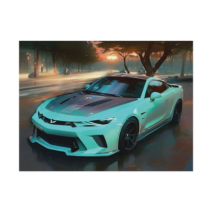 Artsy Teal Camaro Sports Car Sunset Street Scene Wall Art Print