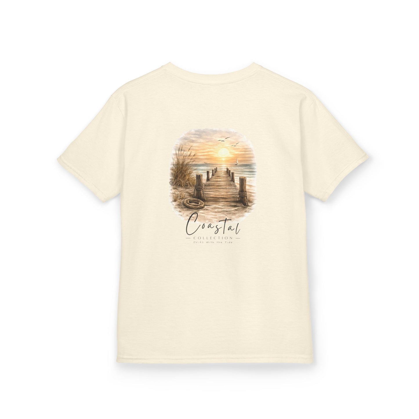 Kids Coastal Weathered Dock Sunrise Back Design Tee - 'Drift With the Tide' Graphic w/ Front Logo (Additional Color)