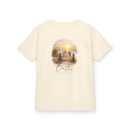 Kids Coastal Weathered Dock Sunrise Back Design Tee - 'Drift With the Tide' Graphic w/ Front Logo (Additional Color)