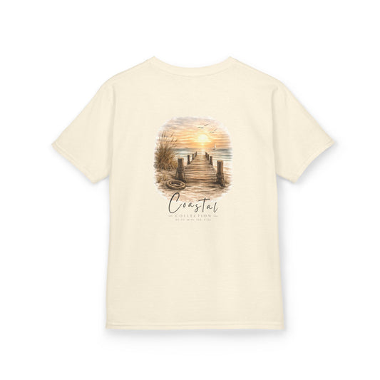 Kids Coastal Weathered Dock Sunrise Back Design Tee - 'Drift With the Tide' Graphic w/ Front Logo (Additional Color)