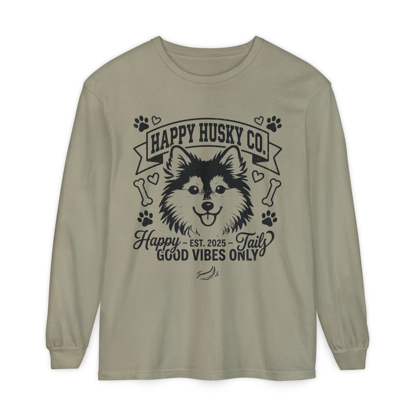 Happy Husky Co. Unisex Long Sleeve Tee — 'Happy Tails, Good Vibes Only' Dog Lover Shirt (Additional Colors)