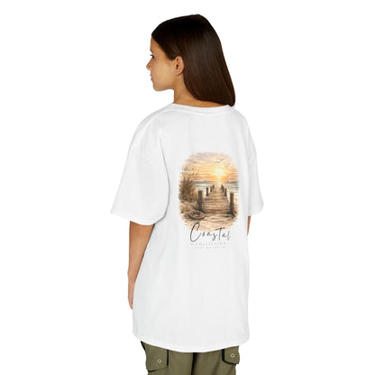Kids Coastal Weathered Dock Sunrise Back Design Tee - 'Drift With the Tide' Graphic w/ Front Logo (Additional Color)