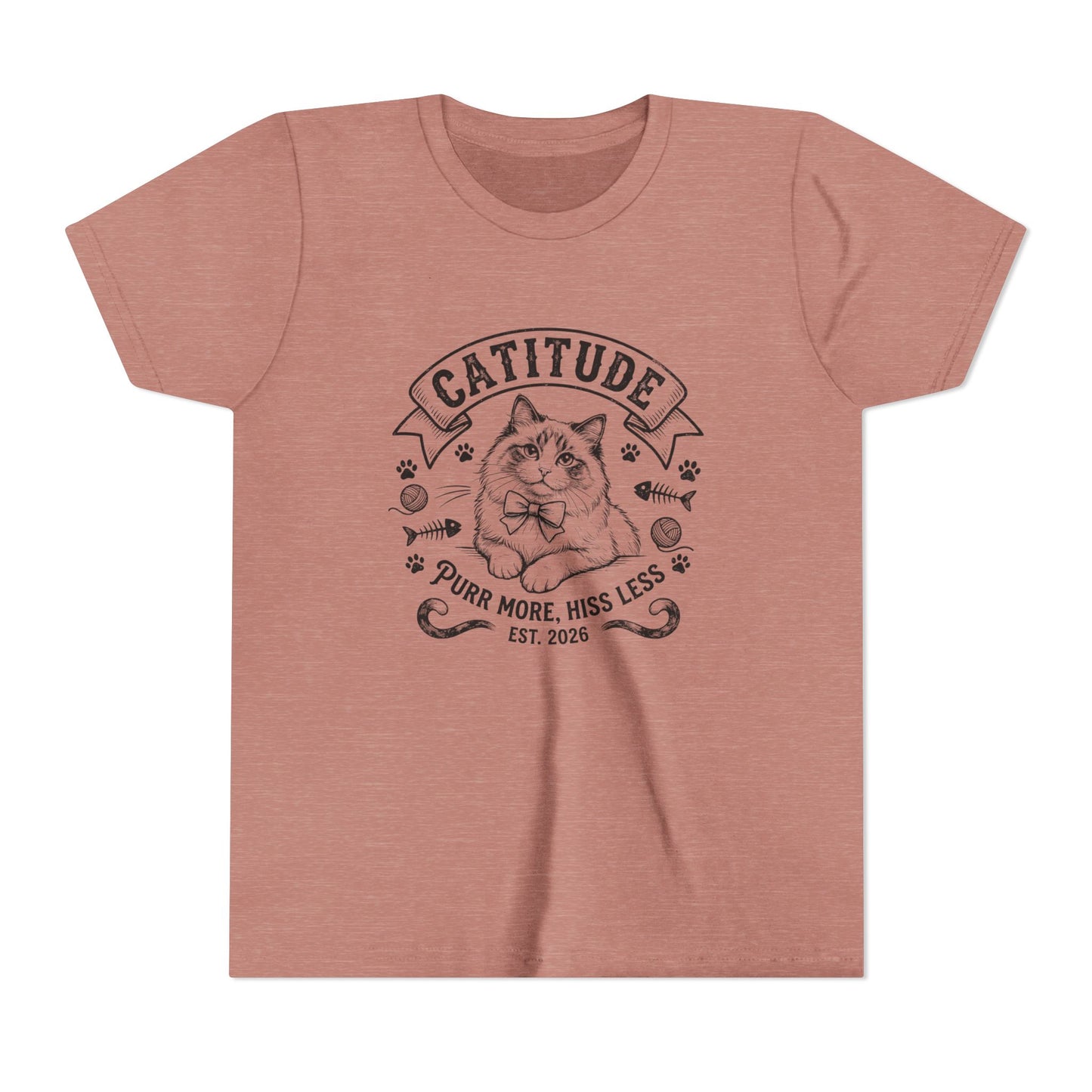 Catitude Youth T‑Shirt - "Purr More, Hiss Less" Cute Cat Graphic Tee for Kids