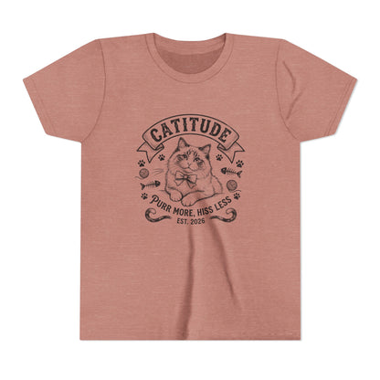 Catitude Youth T‑Shirt - "Purr More, Hiss Less" Cute Cat Graphic Tee for Kids