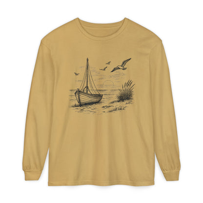 Nautical Sailboat & Beach Sketch Design Long Sleeve Tee - 'Set Your Course by the Stars Not the Storm' (Additional Colors)