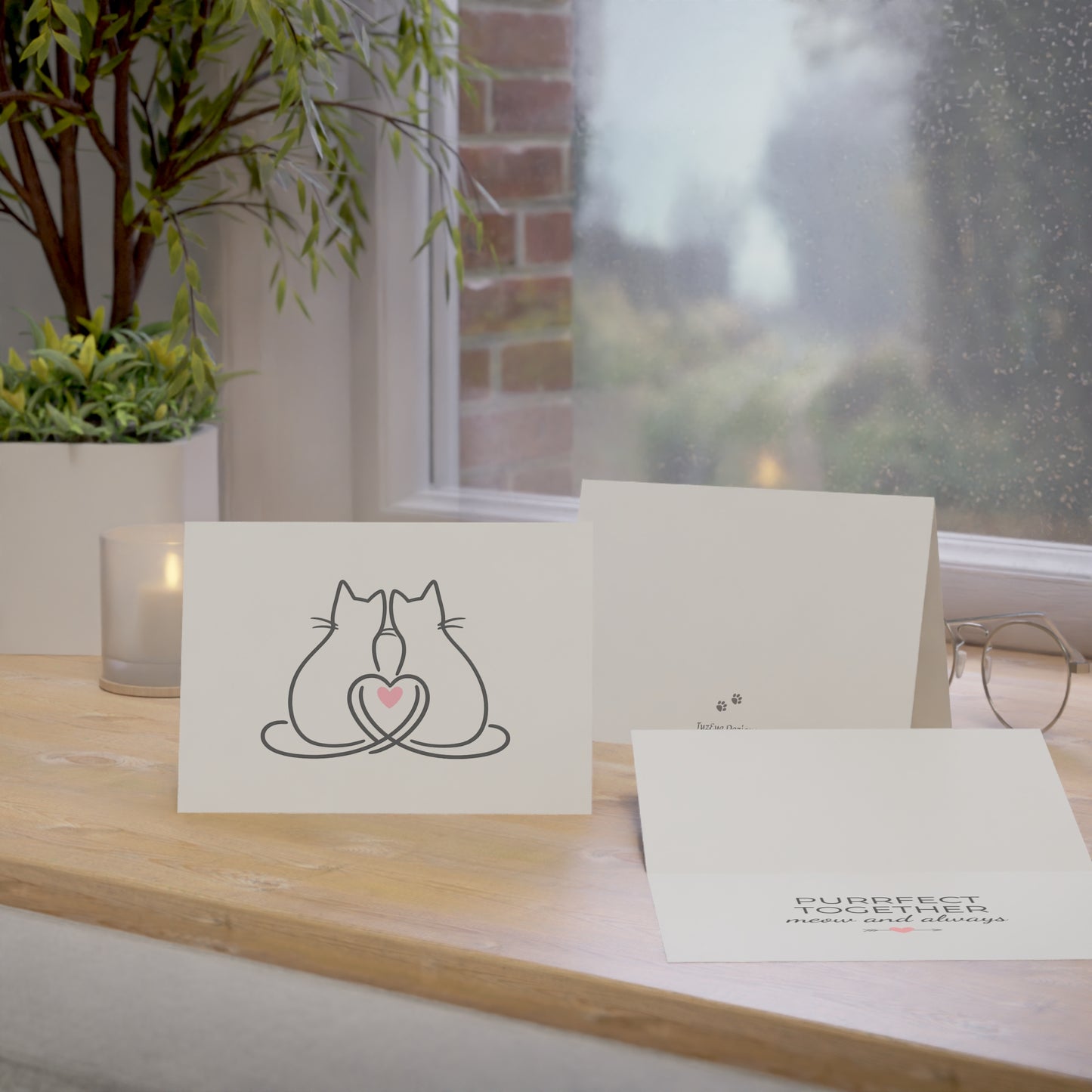 Two Cats & A Heart Greeting Card — 'Purrfect Together, Meow and Always' Note for Couples, Cat Lovers (1/10/30 pcs)