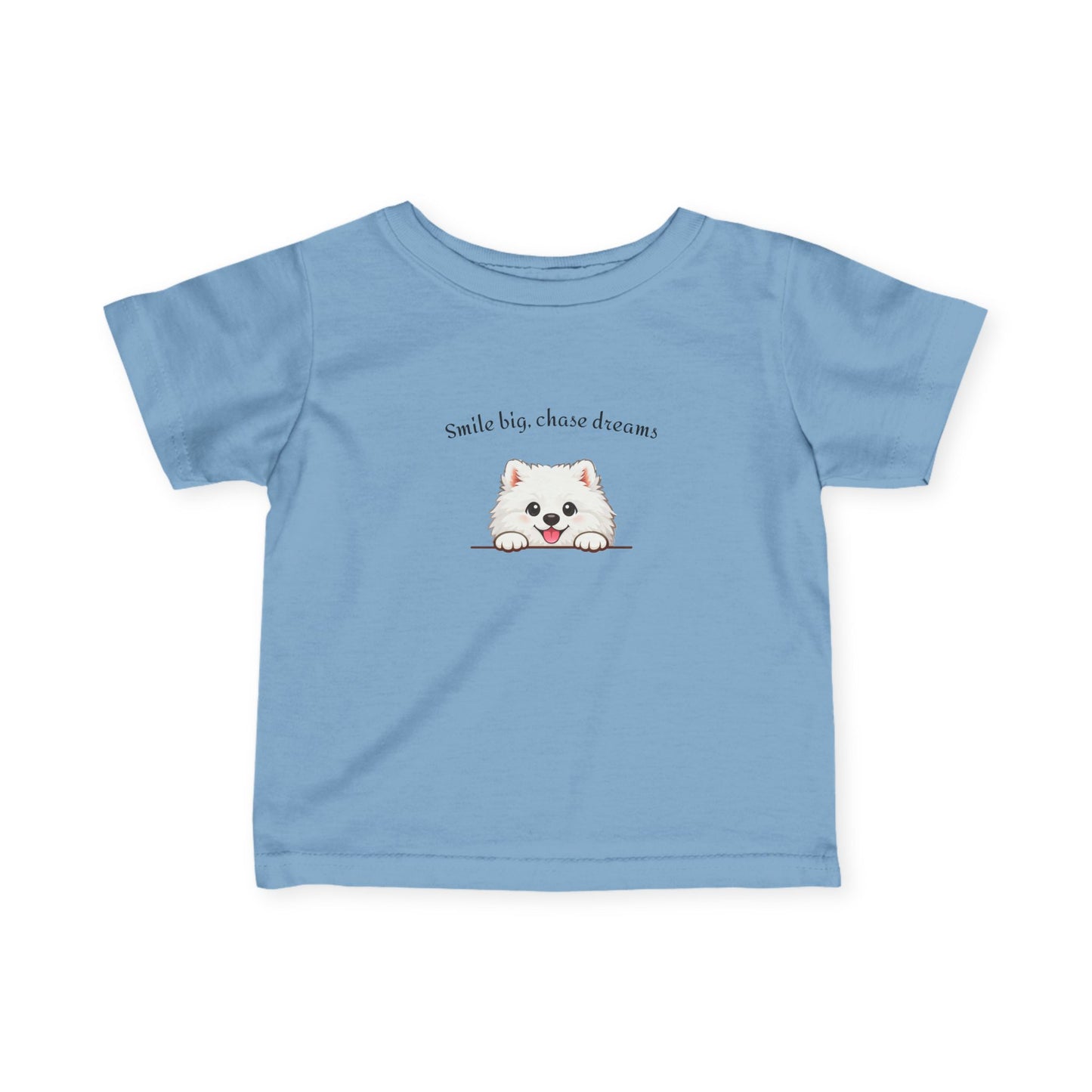 Unisex Infant Tee - Cute White Samoyed Puppy 'Smile Big, Chase Dreams' Baby Shirt (Additional Colors)