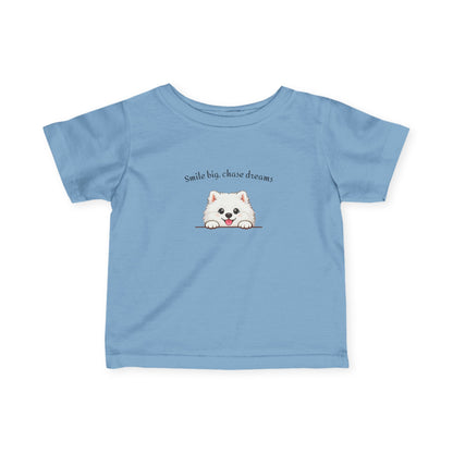 Unisex Infant Tee - Cute White Samoyed Puppy 'Smile Big, Chase Dreams' Baby Shirt (Additional Colors)