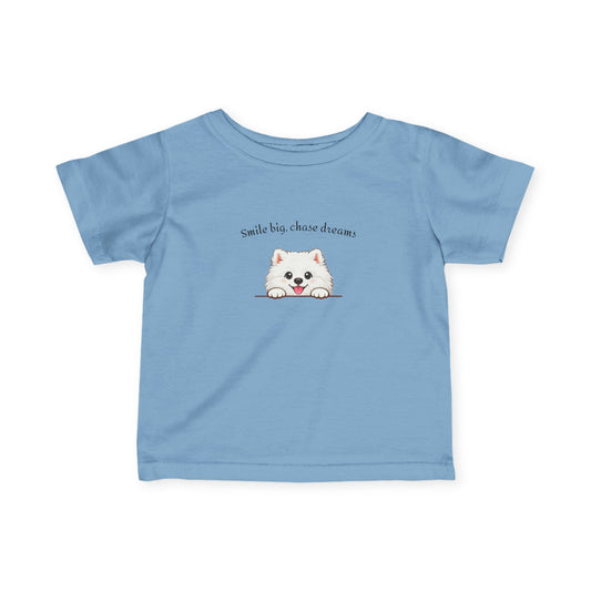 Unisex Infant Tee - Cute White Samoyed Puppy 'Smile Big, Chase Dreams' Baby Shirt (Additional Colors)