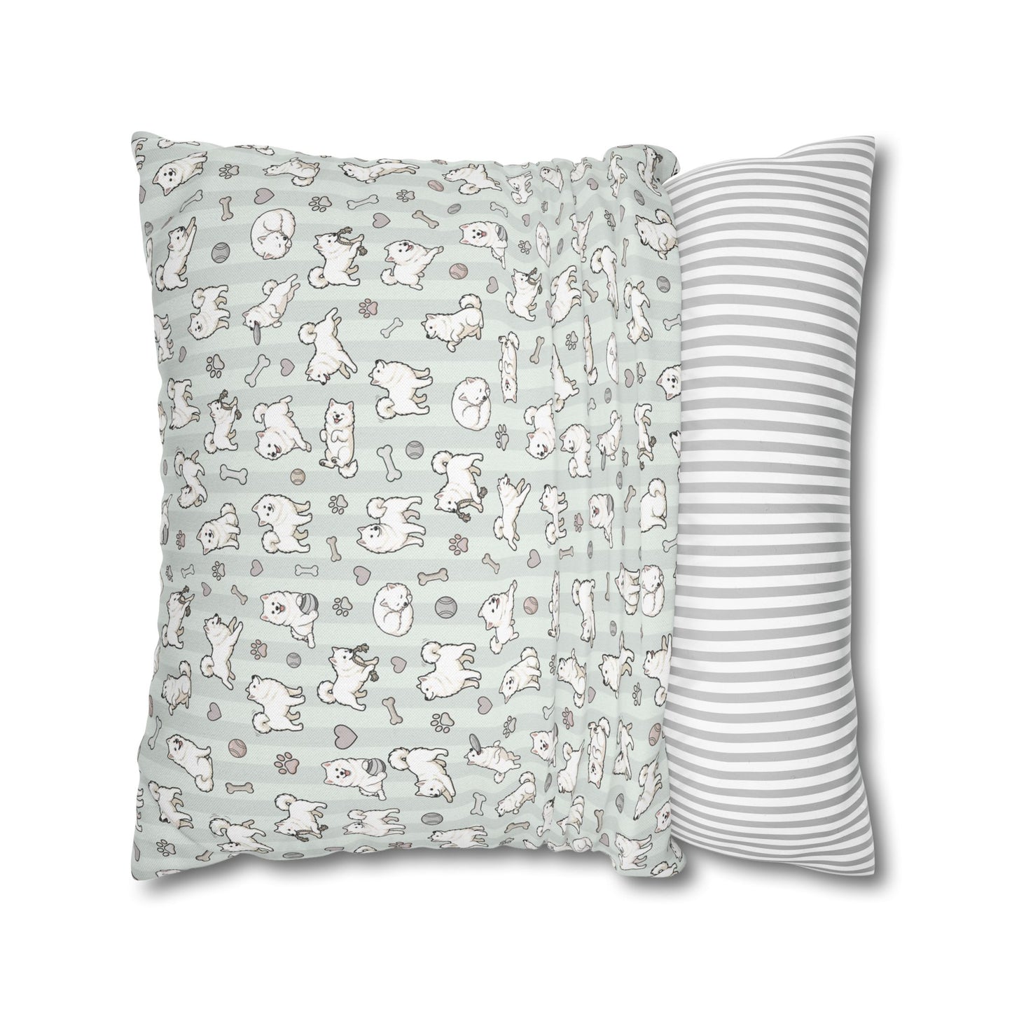 Double Sided Sage Green Samoyed Puppy With Bones, Hearts, and Paw Prints Design Pillowcase — Soft Striped Decorative Square Throw Pillow (Additional Sizes)