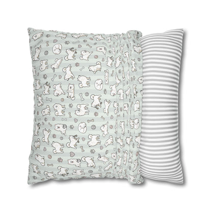 Double Sided Sage Green Samoyed Puppy With Bones, Hearts, and Paw Prints Design Pillowcase — Soft Striped Decorative Square Throw Pillow (Additional Sizes)