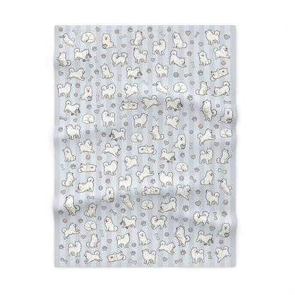 Blue Design Samoyed Puppy Baby Blanket - Cute White Puppy Pattern on Soft Blue Stripes (Soft Fleece)
