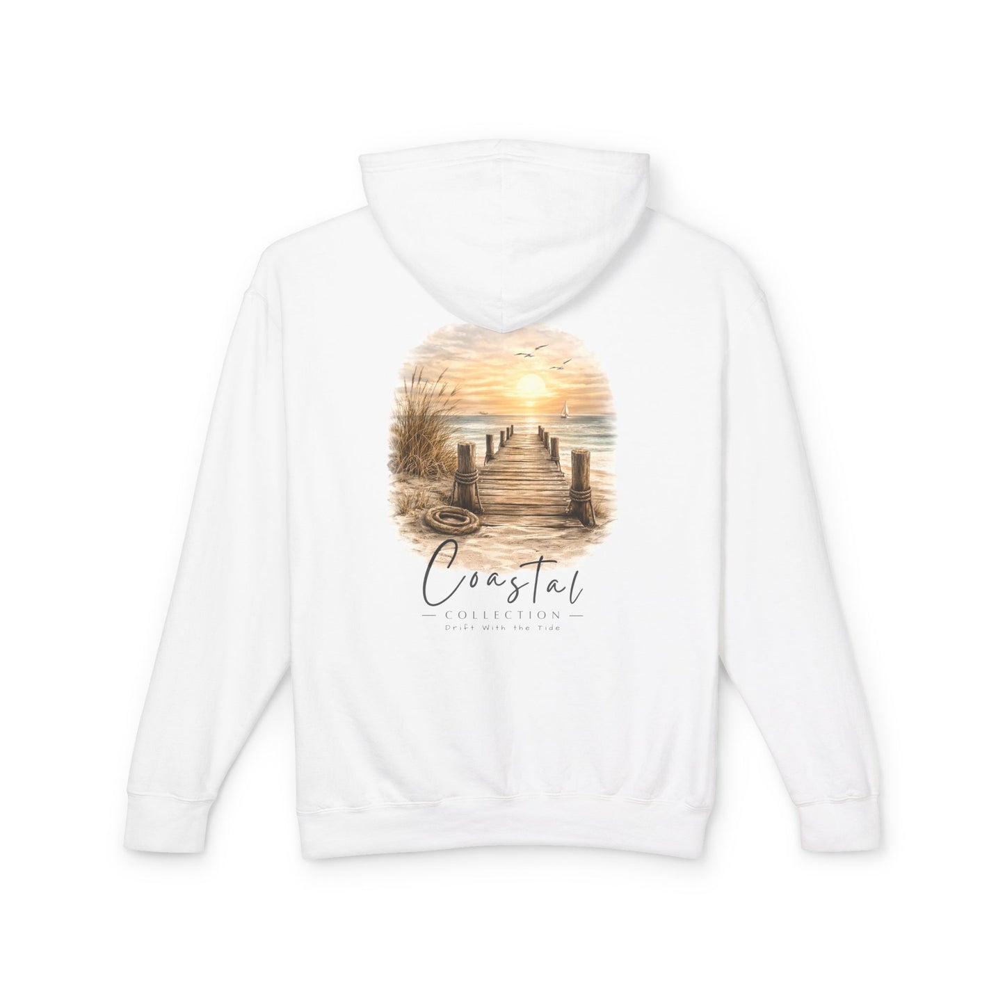 Unisex Adult Coastal Weathered Dock Sunrise Hoodie — 'Drift With the Tide' Graphic w/ Front Logo Lightweight Hooded Sweatshirt (Additional Color)