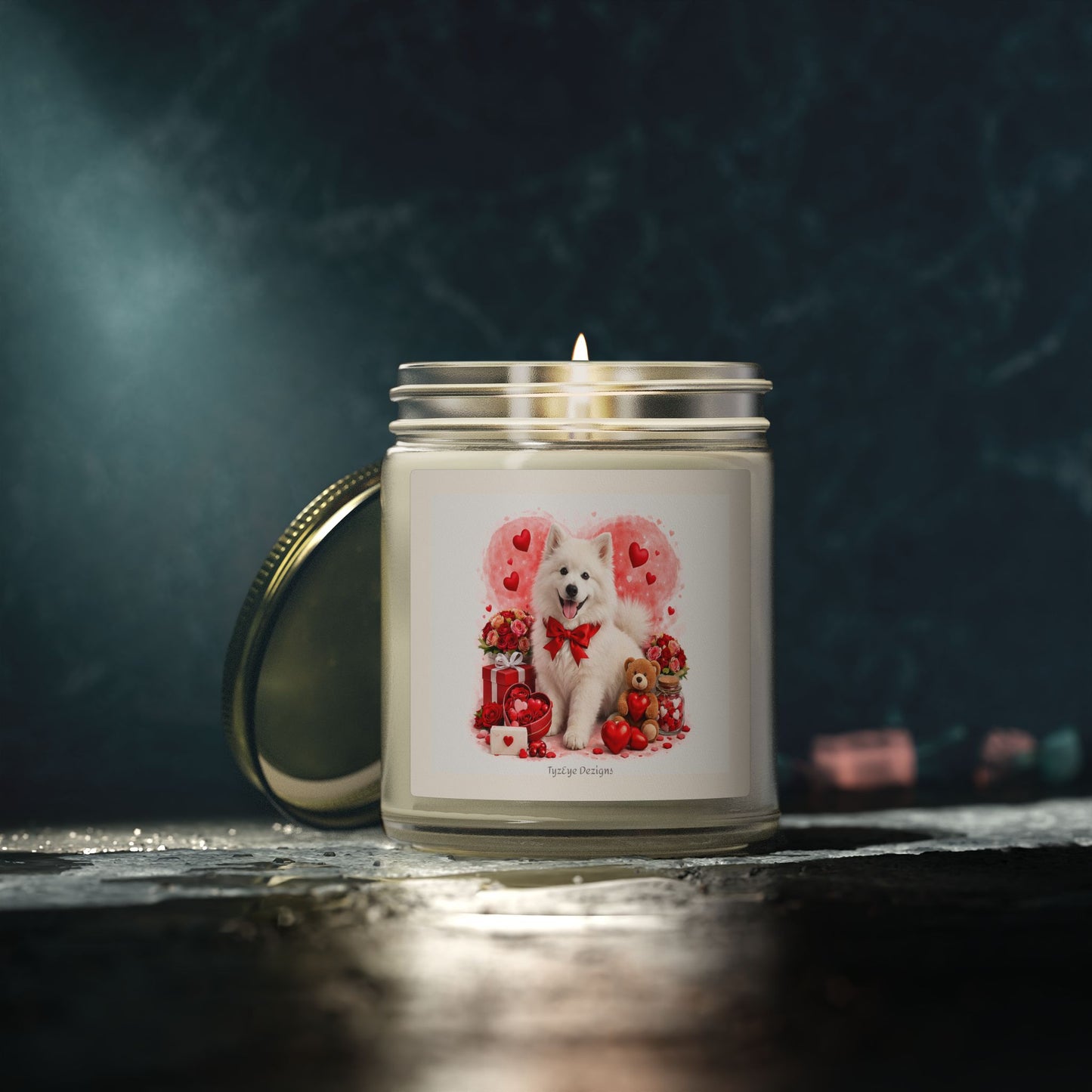Valentine's Samoyed Dog Design Luxe Coconut Apricot Wax Candle (4oz / 9oz) — Choice of Soothing Home Fragrances
