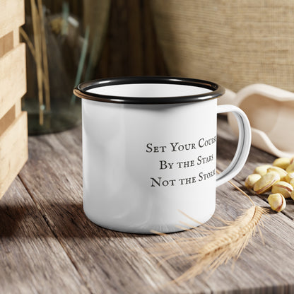 Nautical Coastal Sailboat Design Enamel Camp Cup — 'Set Your Course By the Stars Not the Storm' 12 Oz Outdoor Camping Coffee Mug w/ Accent Rim
