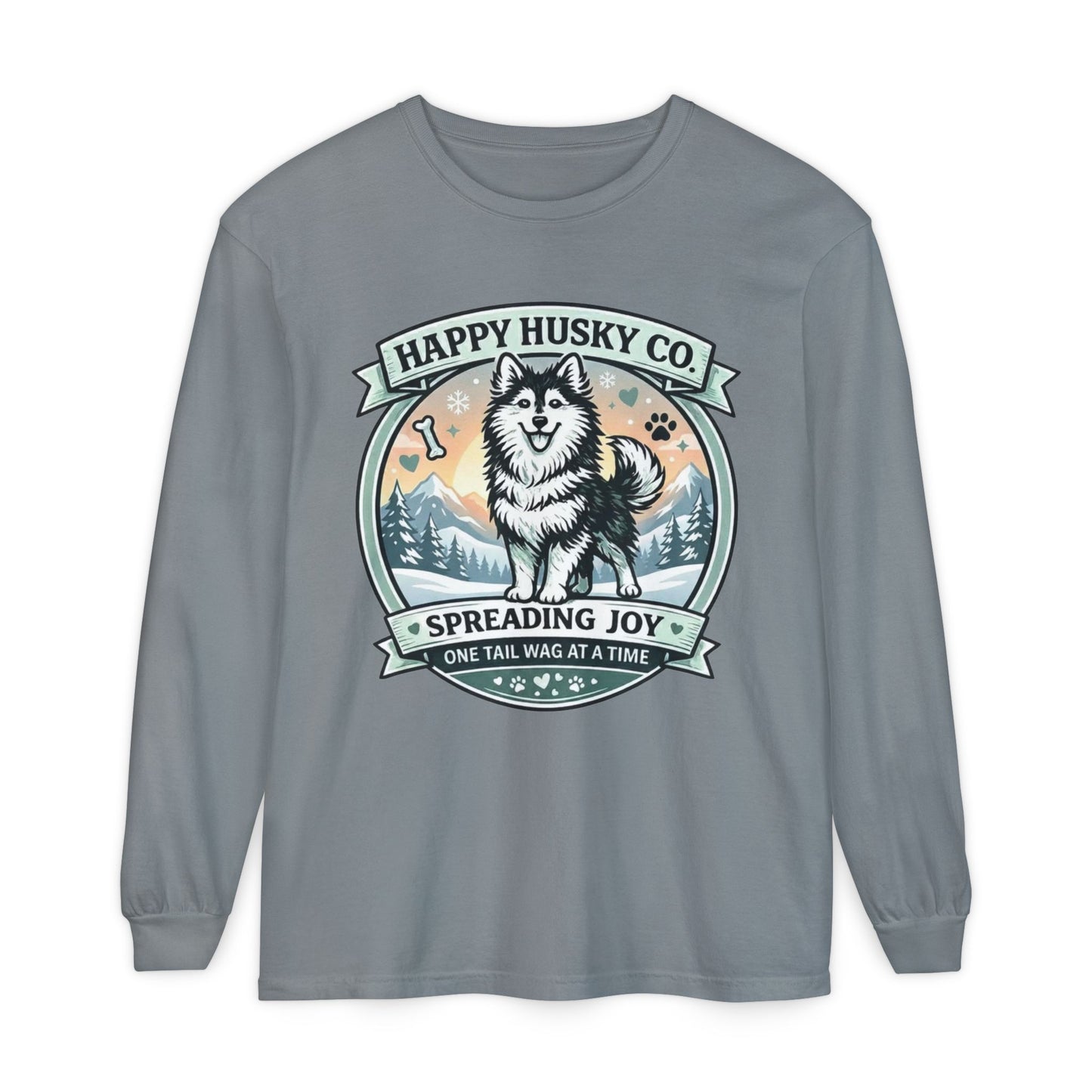 Unisex Colorful Happy Husky Co. Long Sleeve T-Shirt — 'Spreading Joy One Tail Wag At A Time' Graphic (Additional Colors)