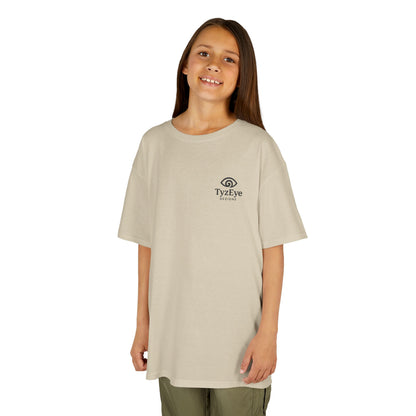 Kids Sunset Beach Scene II Back Design T-Shirt — Tropical Palm Tree 'Lost In the Horizon' Graphic w/ Logo Front (Additional Color)