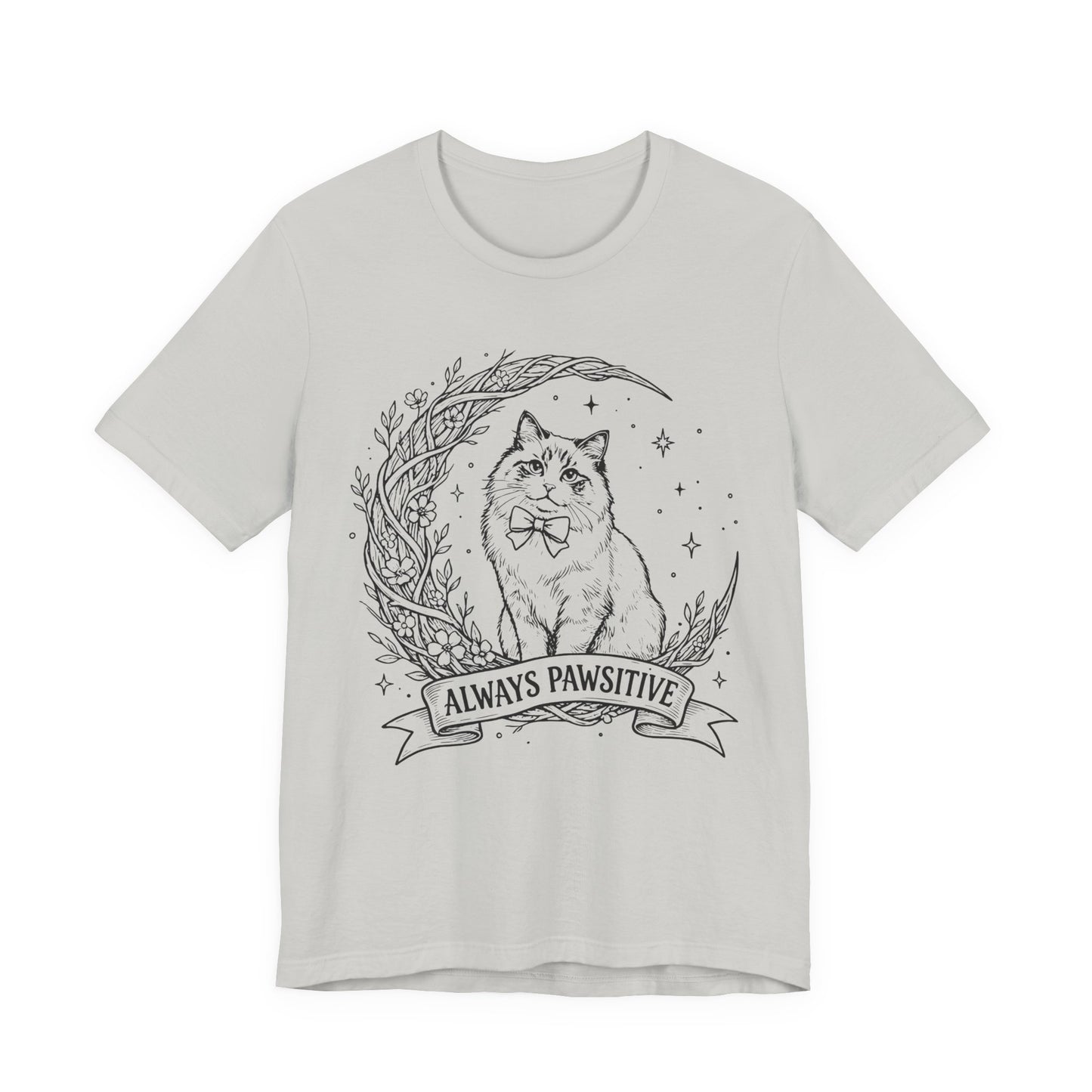 Unisex Adult Cute Cat & Moon Design T-Shirt — “Always Pawsitive” Retro Moon Cat Graphic Tee (Additional Colors)