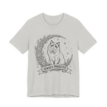 Unisex Adult Cute Cat & Moon Design T-Shirt — “Always Pawsitive” Retro Moon Cat Graphic Tee (Additional Colors)