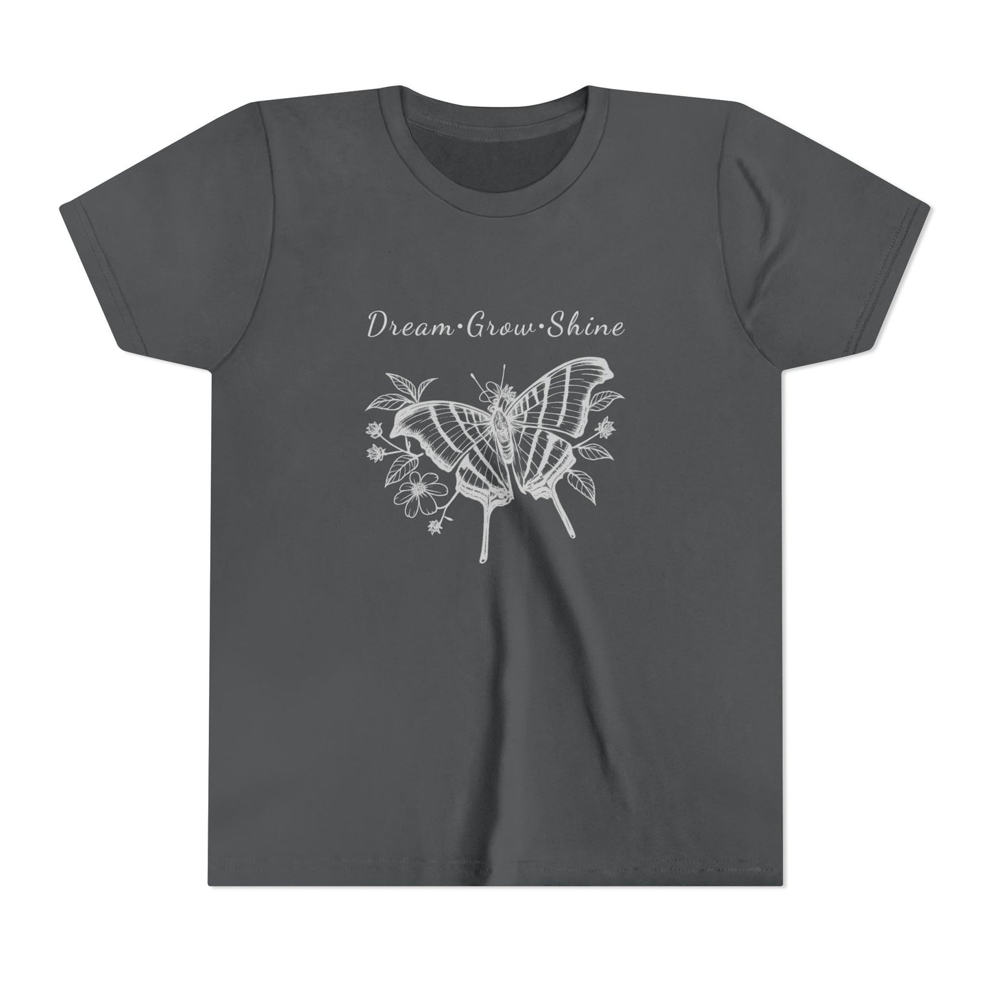 Youth Unisex Butterfly & Flowers Design Short Sleeve Tee - 'Dream, Grow, Shine' Motivational Graphic (Additional Colors)