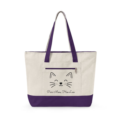 Cute Cat Face Canvas Tote Bag —  'Purr More, Hiss Less' Zippered Beach & Market Tote (Additional Colors)