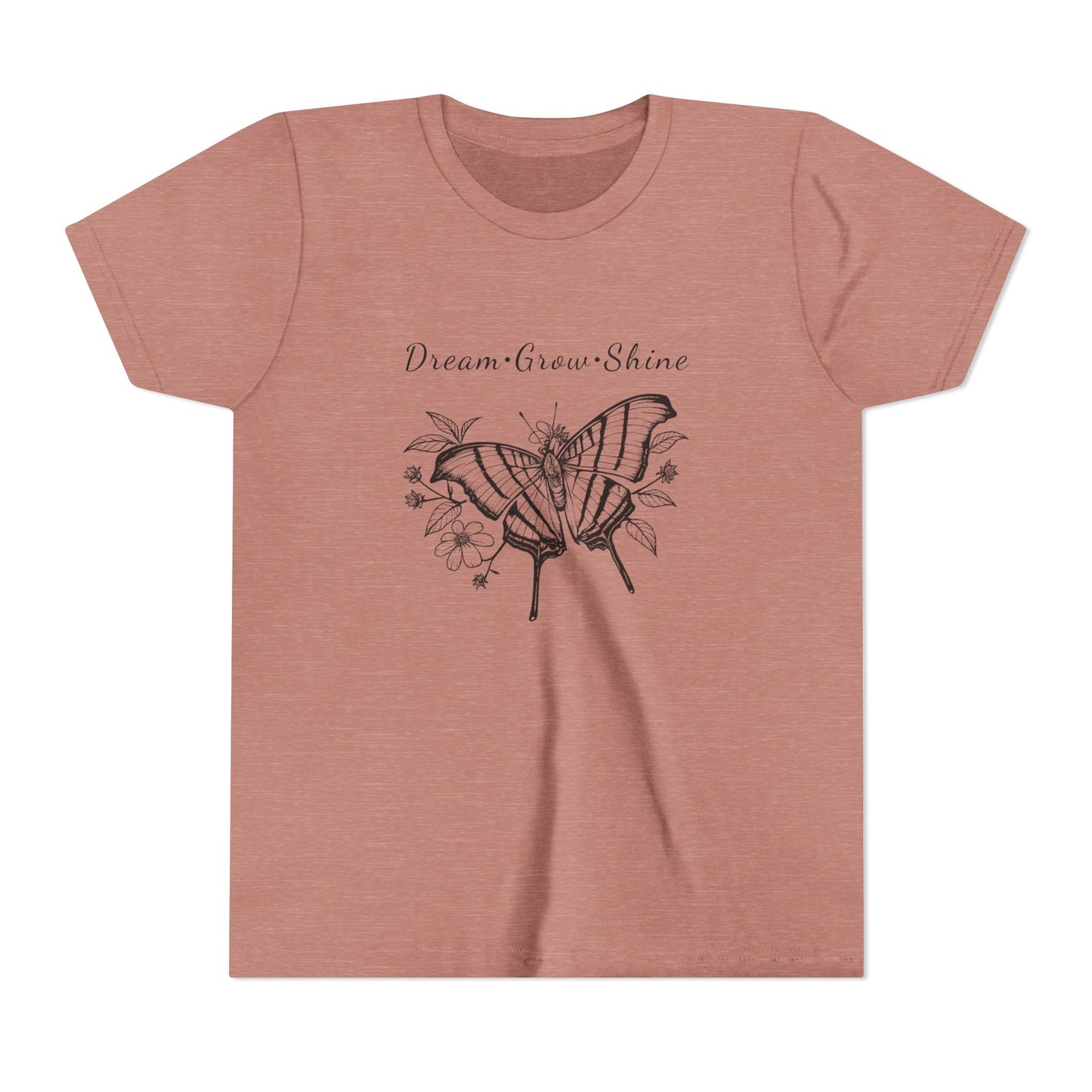 Youth Unisex Butterfly & Flowers Design Short Sleeve Tee - 'Dream, Grow, Shine' Motivational Graphic (Additional Colors)